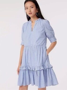 J. Crew Blue and White Striped Ruffle Tiered Women’s Dress